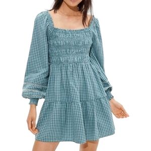 American Eagle Womens Small Plaid Blue Long Sleeve Mini Dress Cottage Coquette